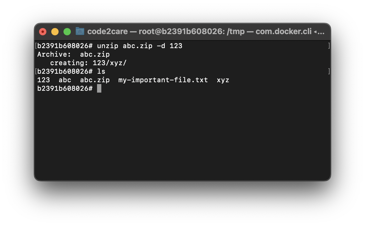 Unzip a Zip file from Terminal Command